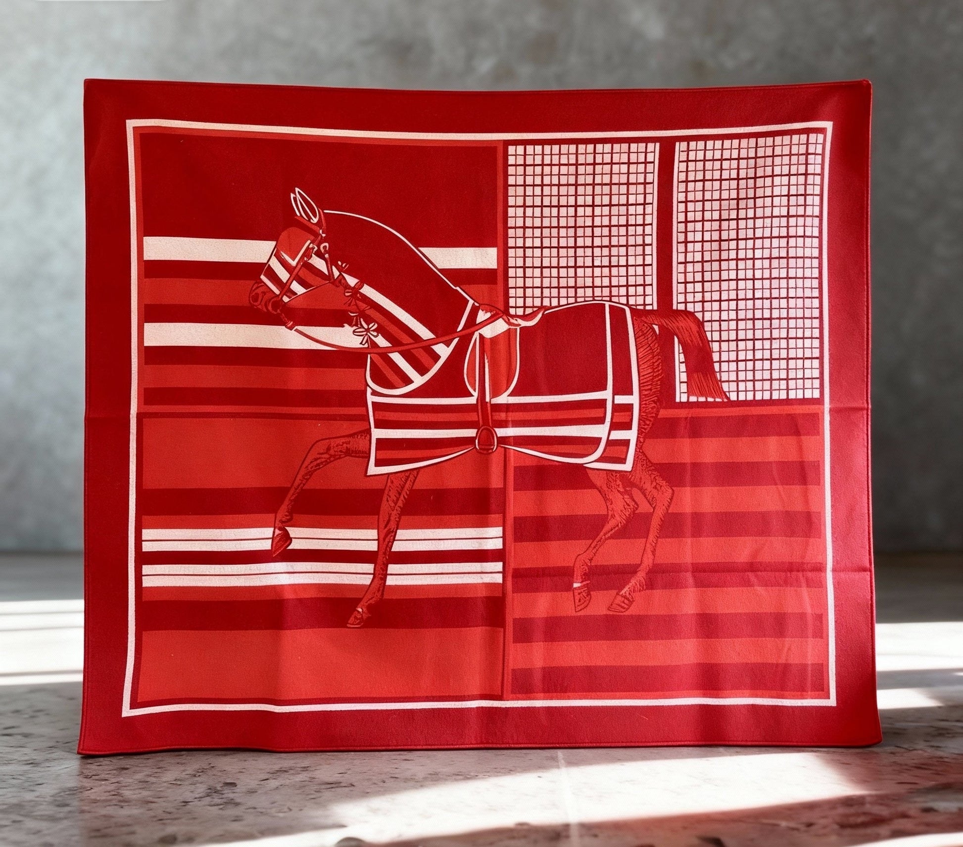 Red fabric with a white horse design on a gray surface