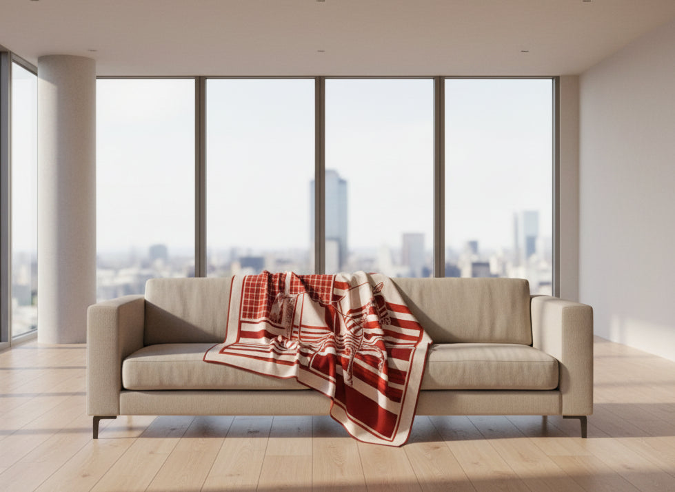 Beige sofa with a red and white patterned blanket in a room with large windows.