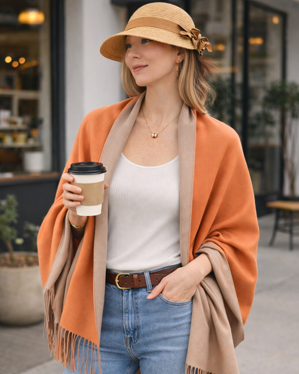 Woman holding a coffee cup, wearing an orange shawl, white top, blue jeans, and a straw hat with a flower.