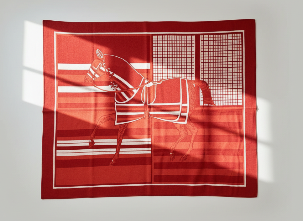 Red wool blanket with white horse design on a textured wall background