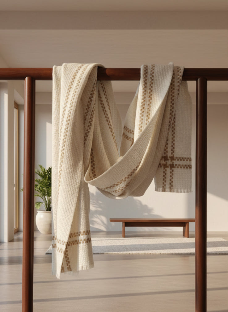 An ivory cashmere blanket displayed over a wooden rack, featuring a warm beige plaid pattern and a detailed waffle weave texture. The soft drape shows the wrap’s natural warmth, structure, and artisanal finish.