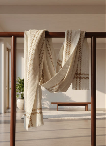 An ivory cashmere blanket displayed over a wooden rack, featuring a warm beige plaid pattern and a detailed waffle weave texture. The soft drape shows the wrap’s natural warmth, structure, and artisanal finish.