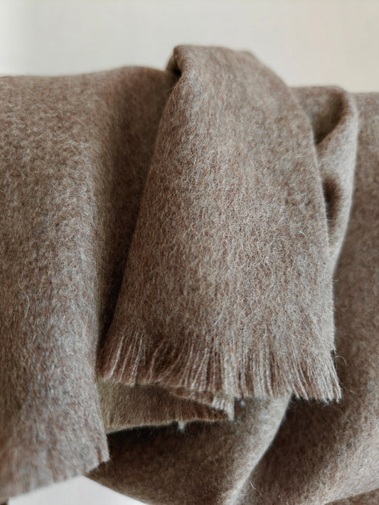 Close up of a brown pure cashmere brushed scarf from Duo Plus. Shows the soft airy texture, natural loft, and fine fibers of premium Inner Mongolian cashmere.