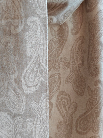 Detailed view of the pure cashmere paisley pattern in a taupe beige colorway. Displays the reversible design, fine craftsmanship, and the natural sheen of Duo Plus Inner Mongolian cashmere.