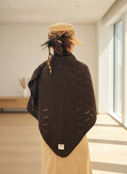 Back view of the brown yak wool blend shawl, displaying the full triangle shape and detailed open knit pattern. Soft, warm, and naturally textured.