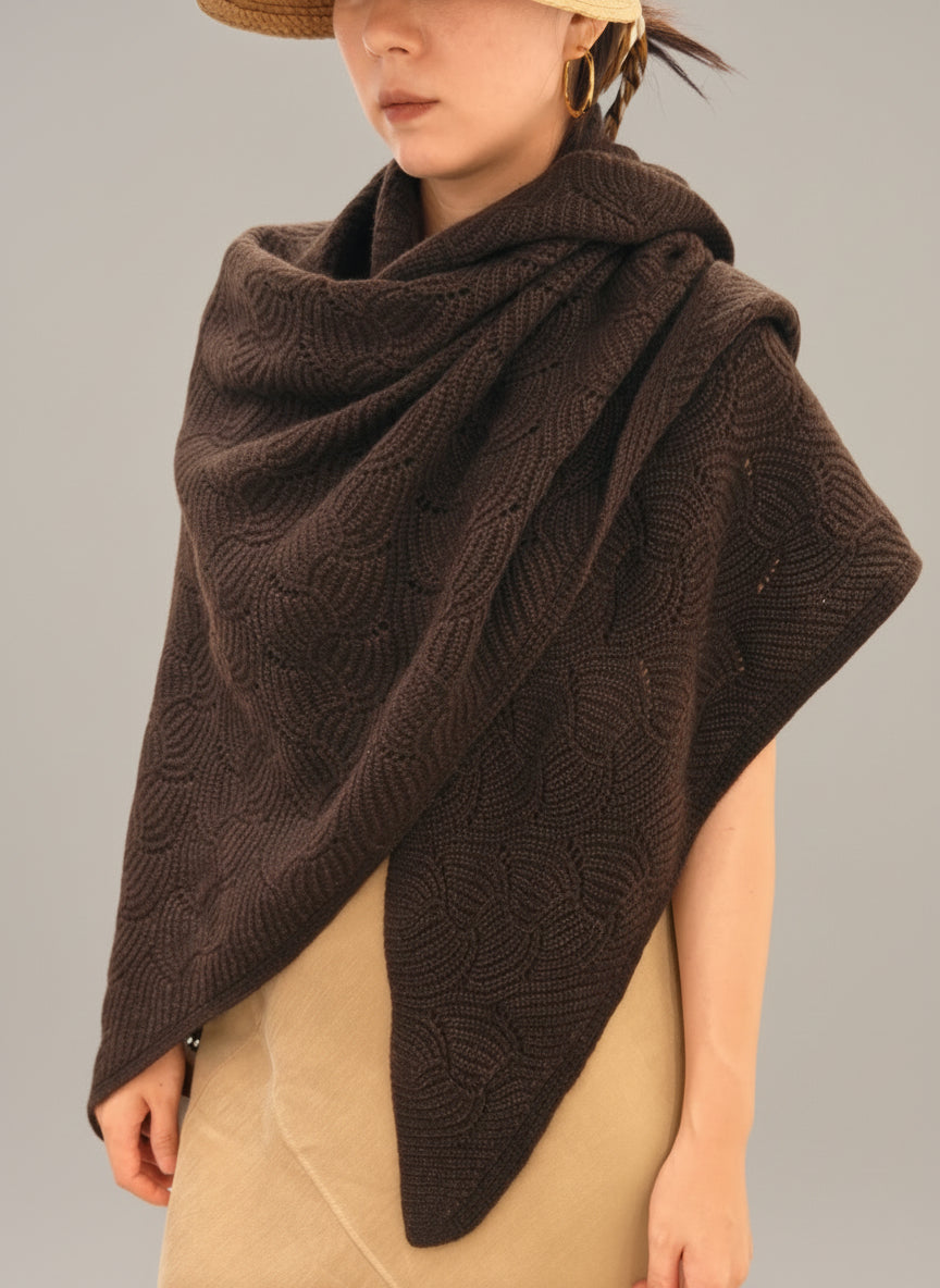 Brown yak wool blend shawl styled in a classic front drape, showing the scalloped knit design and fluid shape. A cozy one of a kind wrap with breathable warmth.