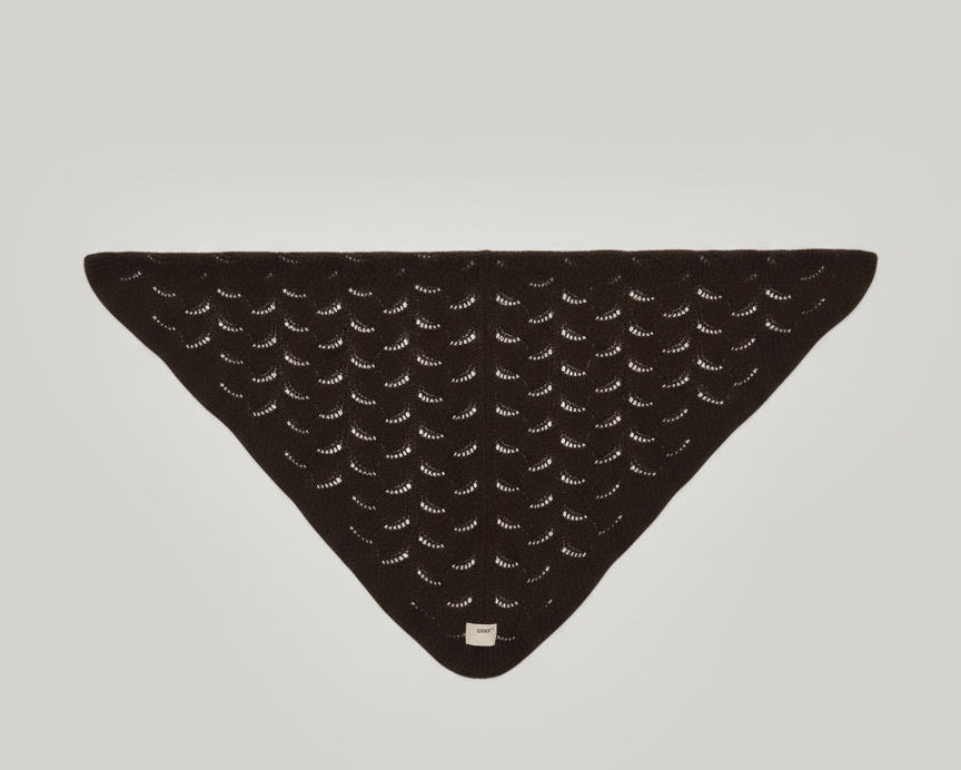 Full triangle view of the brown yak wool shawl laid flat. Highlights the handcrafted scallop pattern, soft drape, and versatile triangular silhouette.