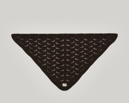 Full triangle view of the brown yak wool shawl laid flat. Highlights the handcrafted scallop pattern, soft drape, and versatile triangular silhouette.